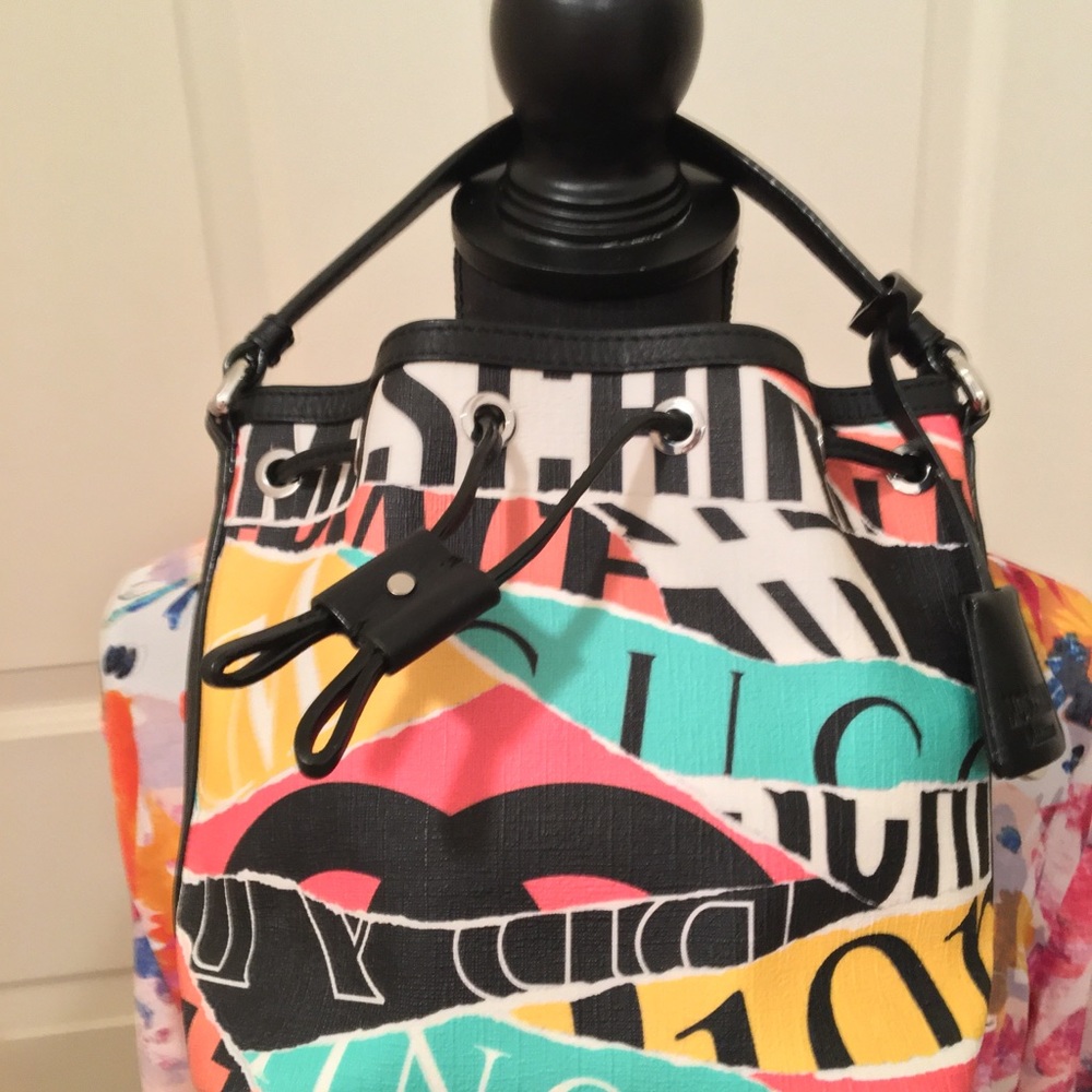 MOSCHINO TEAR EFFECT LOGO AUTHENTIC COUTURE CANVAS; LEATHER TRIM MINI BUCKET BAG
